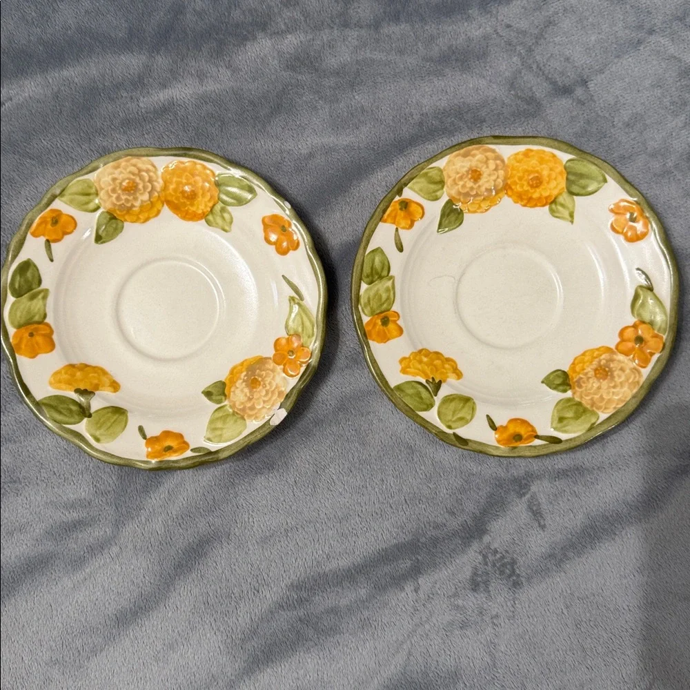 Vintage Metlox Poppytrail #1073 Sculpted Zinnia Flowers Set of 2 Saucers 6